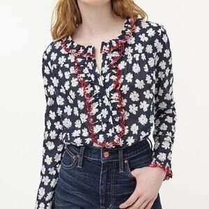J. Crew NWT Embroidered Ruffle Blouse Scattered Daisy Print Navy Blue w/ Red XS
